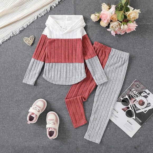 Toddler Kid Girls Clothes Ribbed Color Block Long Sleeve Hoodie Sweatsuit Set Fa - Picture 6 of 7